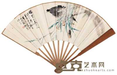朱偁 1882年作 花鸟 成扇 17.5×52cm